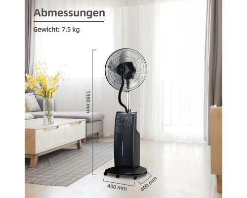 Ventilateur sur pied avec les dimensions hauteur 1360 mm et largeur 400 mm, poids 7,5 kg