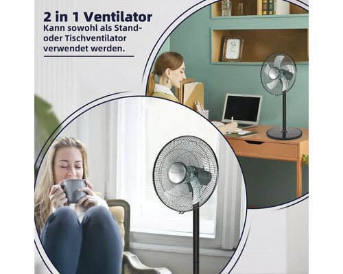 Ein 2-in-1 Ventilator, der sowohl als Standventilator als auch als Tischventilator verwendet werden kann, in einer Büroumgebung dargestellt.