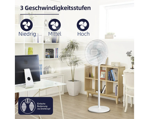Ein Standventilator im Wohnraum, der drei Geschwindigkeitsstufen und eine einfache Bedienung per Drehknopf bietet.