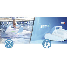 Nettoyeur de piscine à batterie en cours d''utilisation avec des symboles pour un fonctionnement sans fil et une fonction de stationnement