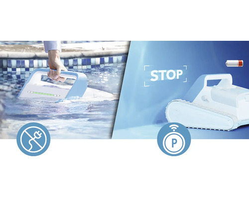 Nettoyeur de piscine à batterie en cours d''utilisation avec des symboles pour un fonctionnement sans fil et une fonction de stationnement