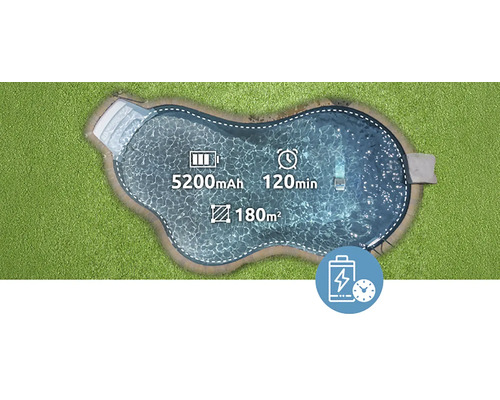 Piscine avec une capacité de batterie de 5200 mAh, une autonomie de 120 minutes et une surface de nettoyage de 180 mètres carrés