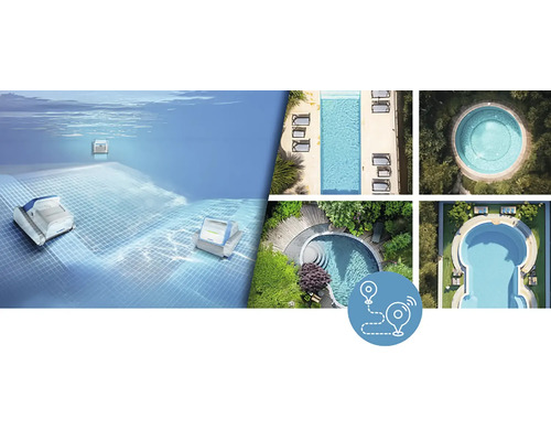 Robot de piscine en action et vues de dessus de piscines