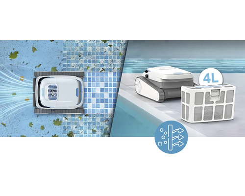 Robot de piscine avec panier filtrant et symbole de la fonction de filtre