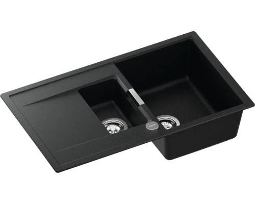 Schwarze Küchenspüle mit zwei Becken und Abtropffläche