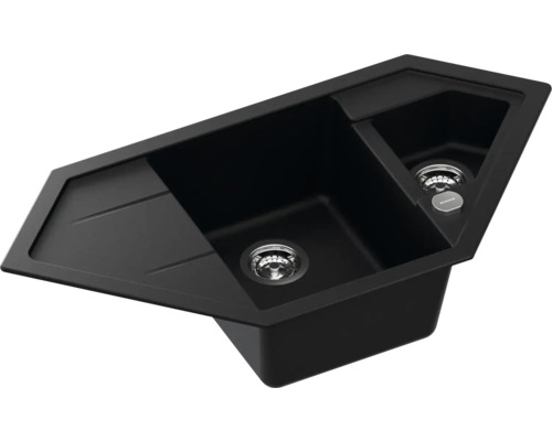 Schwarze Eckspüle mit zwei Becken