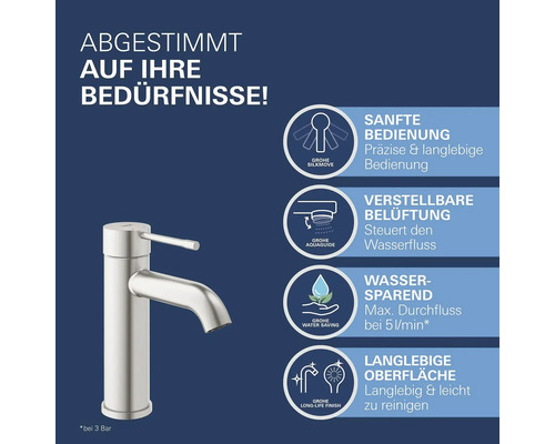 Robinet Grohe avec avantages du produit : fonctionnement précis, débit d''eau réglable, économie d''eau et surface durable