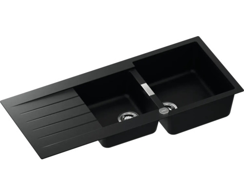 Évier de cuisine noir avec deux bacs et égouttoir