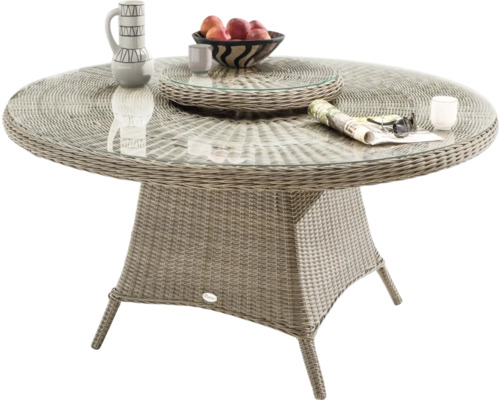 Table de jardin ronde avec plateau en verre et aspect rotin