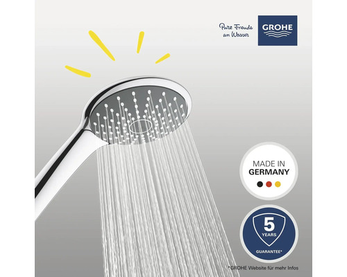Handbrause mit Wasserstrahl und Grohe Logo. Made in Germany Siegel und 5 Jahre Garantie Siegel.
