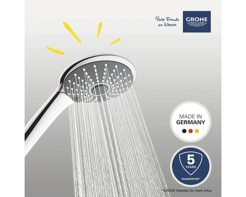 Douchette avec jet d''eau, logo Grohe, symbole Made in Germany et garantie de 5 ans