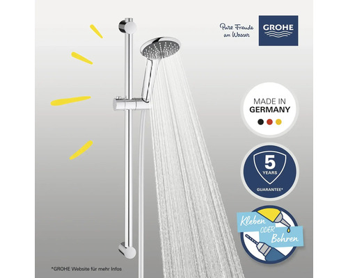 Set de douche avec barre de douche et douchette avec jet d''eau. Label Made in Germany. Garantie de cinq ans. Symbole Coller ou percer. Logo Grohe.