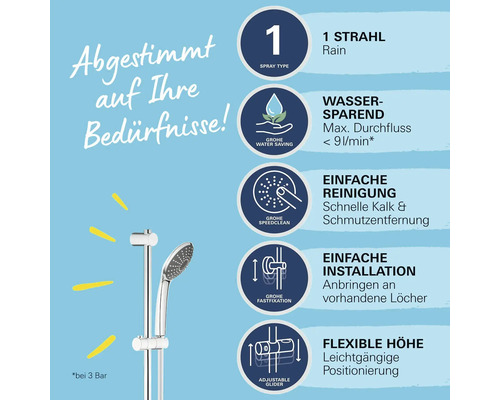 Adapté à vos besoins: Informations sur le type de jet, l''économie d''eau, le nettoyage, l''installation et la hauteur flexible du set de douche