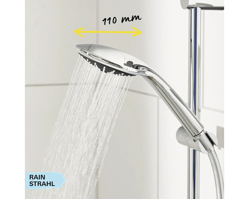 Pomme de douche avec jet pluie et indication de mesure 110 millimètres