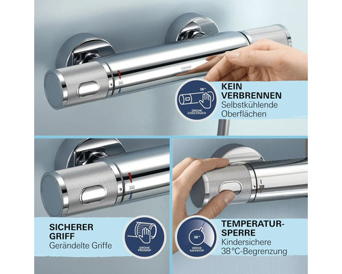 Grohe Armatur mit CoolTouch Funktion, gerändelten Griffen und Temperatursperre