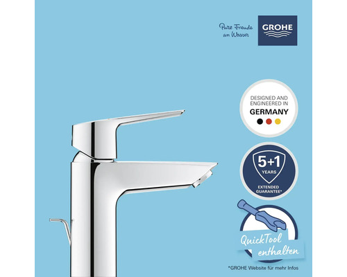 Glänzender Wasserhahn mit Grohe Logo und Siegel für Qualität und Garantie