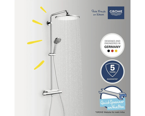Système de douche avec douche de tête et douchette à main en métal avec jet d''eau. Logo Grohe. Fabriqué en Allemagne. Garantie de cinq ans. Clés rapides incluses.