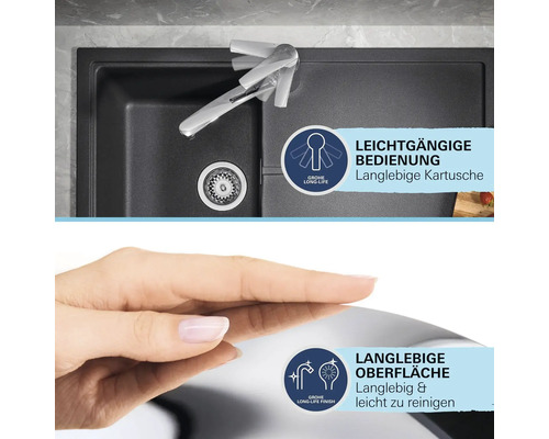 Spüle mit Armatur und Symbolen für leichtgängige Bedienung und langlebige Oberfläche