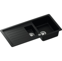 Schwarze Küchenspüle mit zwei Becken und Abtropffläche