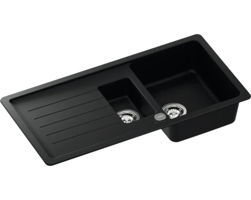 Schwarze Küchenspüle mit zwei Becken und Abtropffläche