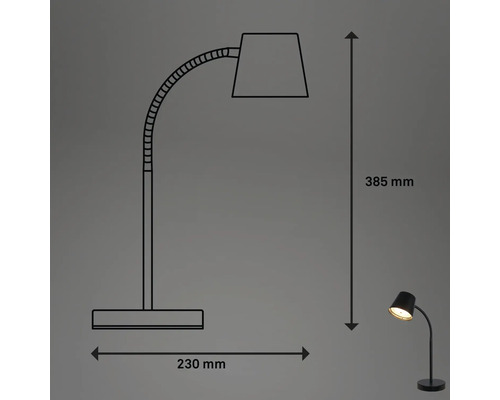 Image des dimensions d''une lampe de bureau: hauteur 385 mm, largeur 230 mm.