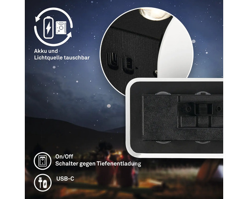 Akkubetriebene Leuchte mit austauschbarer Batterie und Lichtquelle, Ein- und Ausschalter gegen Tiefentladung und USB-C Anschluss.