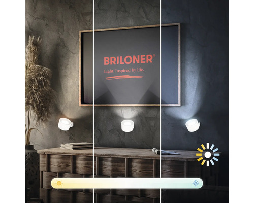 Dekorative Zimmeransicht mit Briloner Leuchten, die verschiedene Farbtemperaturen zeigen.