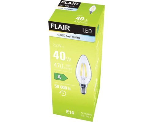 Verpackung einer Flair LED Lampe C35 E14