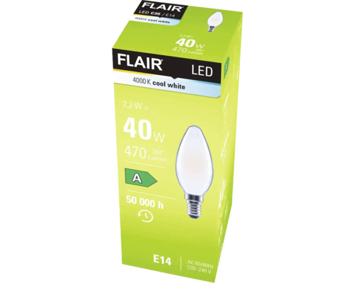 Verpackung einer Flair LED Lampe C35/E14 mit 4000 Kelvin