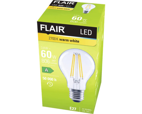 Lampe LED FLAIR A60 E27, blanc chaud, sur l''emballage