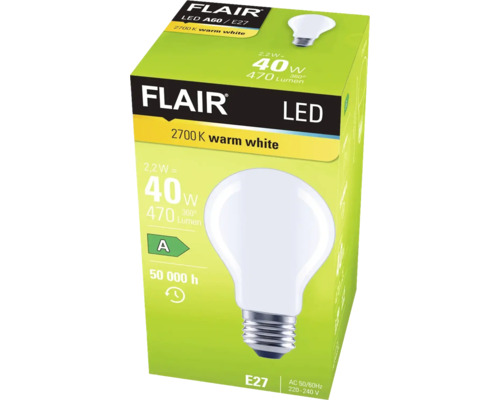 Emballage d''une ampoule LED Flair A60 E27 de 40 watts à lumière blanche chaude