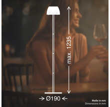 Illustration einer Stehlampe mit den Maßen 190 Millimeter Durchmesser und maximal 1235 Millimeter Höhe
