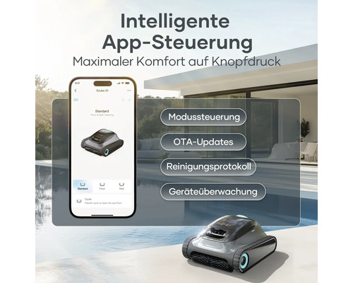 Poolreinigungsroboter mit App-Steuerung neben einem Smartphone auf einer Terrasse