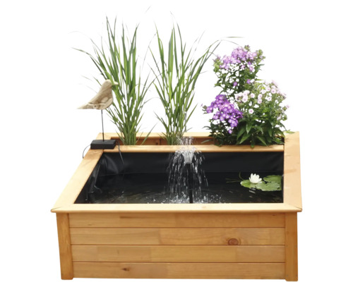 Holz Hochteich mit Springbrunnen, Pflanzen und Vogeldekoration