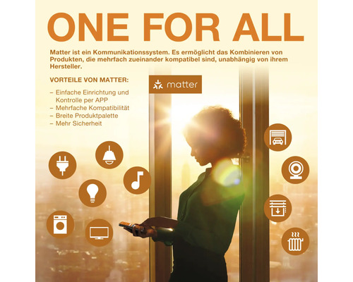 Matter: Ein Kommunikationssystem zur Kombination von Produkten verschiedener Hersteller, mit Vorteilen wie einfache Einrichtung, App-Steuerung, Kompatibilität, breite Produktpalette und mehr Sicherheit.