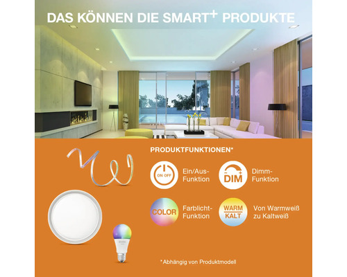 Smart Home Beleuchtung Produkteigenschaften in modernem Wohnzimmer
