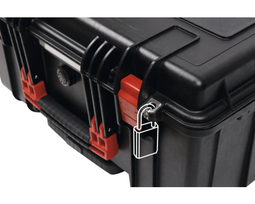 Schwarzer Werkzeugkoffer mit roten Verschlüssen für den Transport