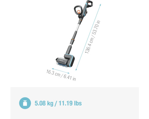 Brosse à joints sans fil Gardena avec dimensions de longueur et largeur