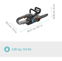 Tronçonneuse à batterie Gardena avec dimensions et informations de poids