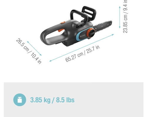 Tronçonneuse à batterie Gardena avec dimensions et informations de poids