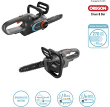 Deux vues d'une tronçonneuse à batterie Gardena avec chaîne et guide-chaîne Oregon, ainsi que des symboles pour moteur sans balais, conception équilibrée, vitesse de chaîne de 8 mètres par seconde et lubrification automatique.
