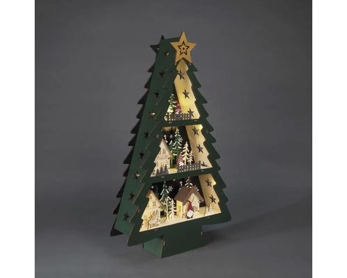 Dekorativer Weihnachtsbaum aus Holz mit beleuchteten Häusern und Sternen