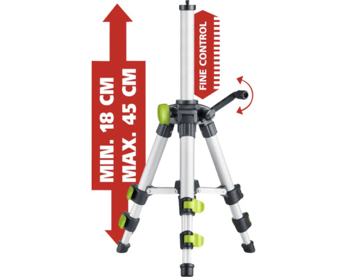 Trépied avec une hauteur minimale de 18 centimètres et une hauteur maximale de 45 centimètres