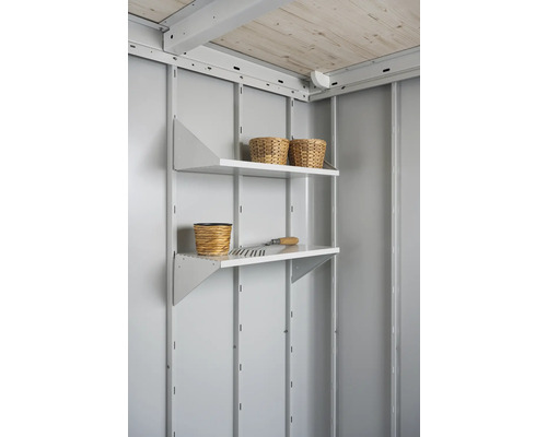 Aménagement intérieur d''un abri de jardin avec deux étagères et des paniers de rangement