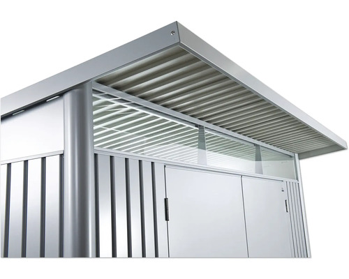 Ansicht eines Gerätehauses mit Metallstruktur und Lamellendach