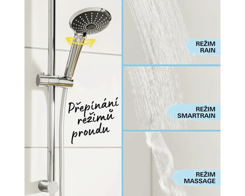 Barre de douche avec douchette à main et différents types de jets