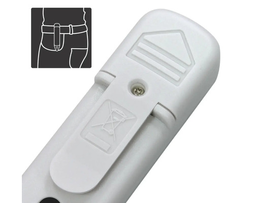 Arrière d''un appareil de mesure avec compartiment à piles, clip de ceinture et symbole pour l''élimination correcte