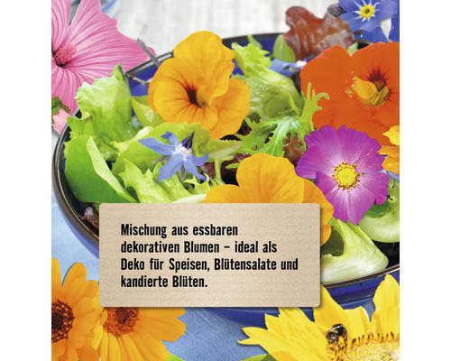 Essbare Blütenmischung im Salat zur Dekoration von Speisen und Blütensalaten