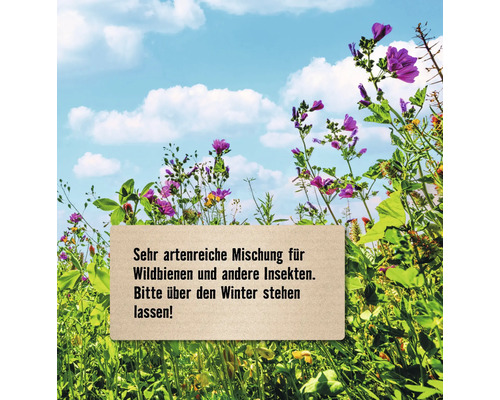 Blumenwiese mit Schild: Sehr artenreiche Mischung für Wildbienen und andere Insekten. Bitte über den Winter stehen lassen!