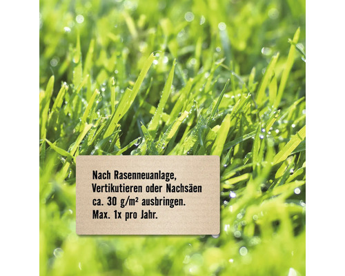 Hinweis zur Rasendüngung: circa 30 Gramm pro Quadratmeter ausbringen. Maximal einmal pro Jahr.
